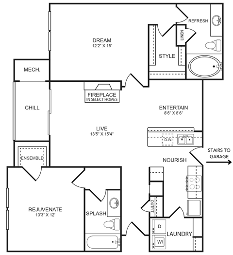 Floor plan for 2 beds, 2 baths, 1124 sqft
